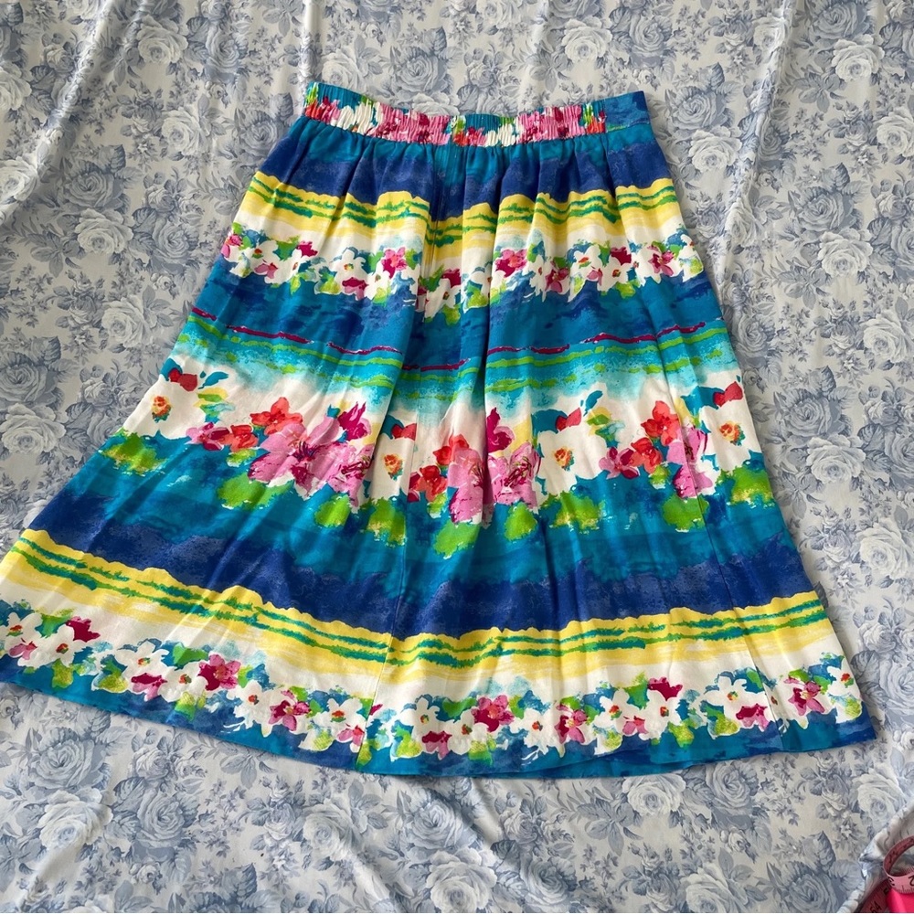 Vintage Floral Skirt 16 XL Bright Mid Length Modest 80s Aesthetic Artsy Loud